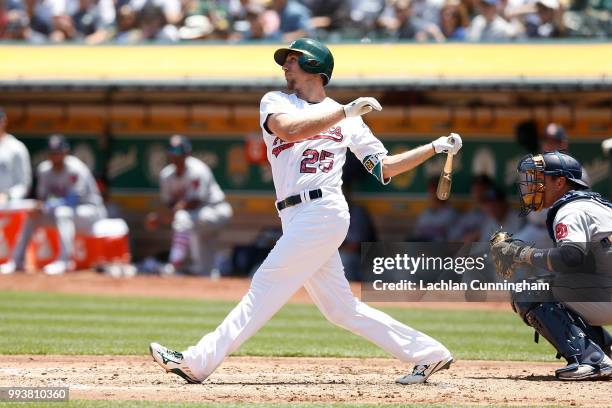 Stephen Piscotty of the Oakland Athletics hits an RBI double in the second inning against the San Diego Padres at Oakland Alameda Coliseum on July 4,...