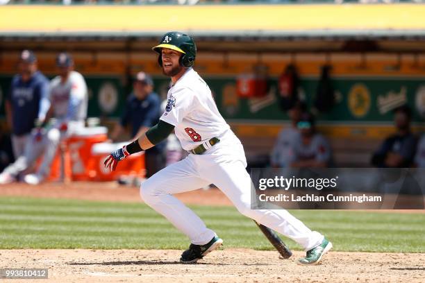 Jed Lowrie of the Oakland Athletics grounds out in the fifth inning against the San Diego Padres at Oakland Alameda Coliseum on July 4, 2018 in...