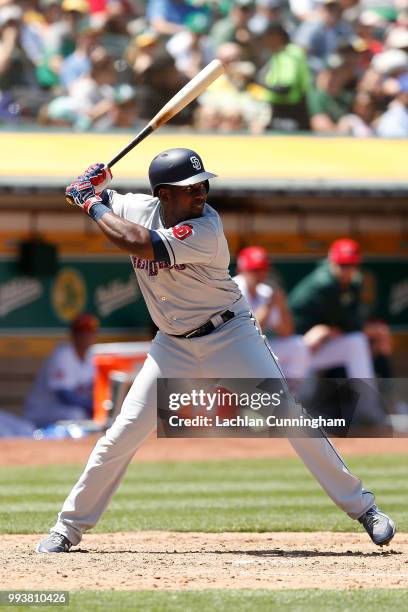 Jose Pirela of the San Diego Padres at bat in the seventh inning against the Oakland Athletics at Oakland Alameda Coliseum on July 4, 2018 in...