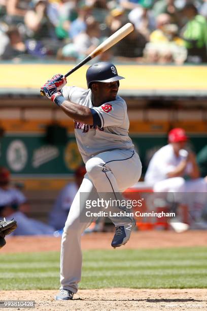 Jose Pirela of the San Diego Padres at bat in the seventh inning against the Oakland Athletics at Oakland Alameda Coliseum on July 4, 2018 in...