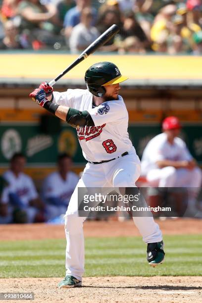 Jed Lowrie of the Oakland Athletics at bat in the eighth inning against the San Diego Padres at Oakland Alameda Coliseum on July 4, 2018 in Oakland,...