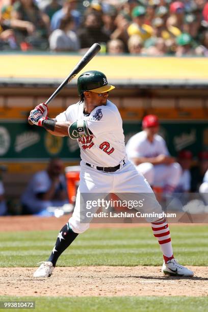 Khris Davis of the Oakland Athletics at bat in the eighth inning against the San Diego Padres at Oakland Alameda Coliseum on July 4, 2018 in Oakland,...