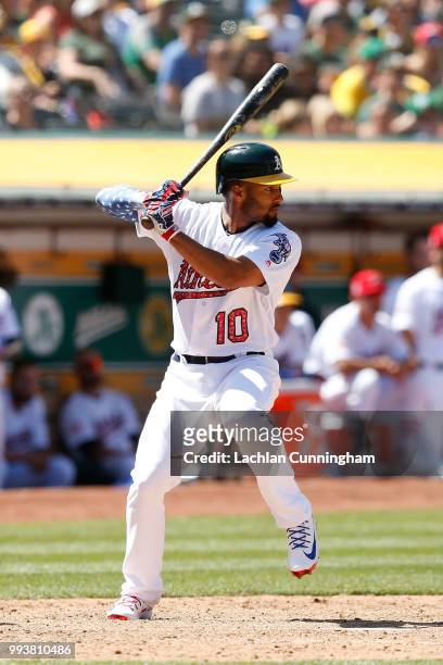 Marcus Semien of the Oakland Athletics at bat in the eighth inning against the San Diego Padres at Oakland Alameda Coliseum on July 4, 2018 in...