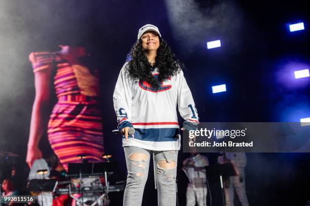 Monie Love performs onstage during Queen Latifah's 'Ladies First' night at the 2018 Essence Festival on July 7, 2018 in New Orleans, Louisiana.