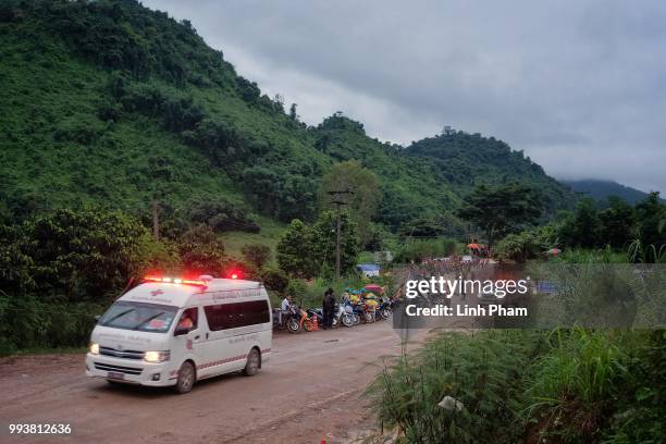An ambulance carrying one of the boys rescued from Tham Luang Nang Non cave heading towards the hospital on July 8, 2018 in Chiang Rai, Thailand....