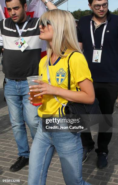 Wives and girlfriends of Swedish players attend the 2018 FIFA World Cup Russia Quarter Final match between Sweden and England at Samara Arena on July...