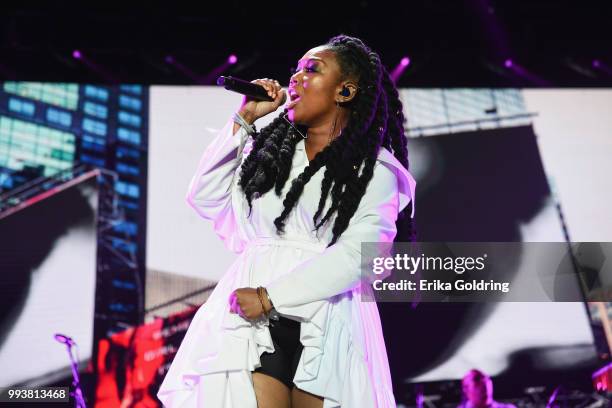 Brandy performs at the 2018 Essence Music Festival at the Mercedes-Benz Superdome on July 7, 2018 in New Orleans, Louisiana.