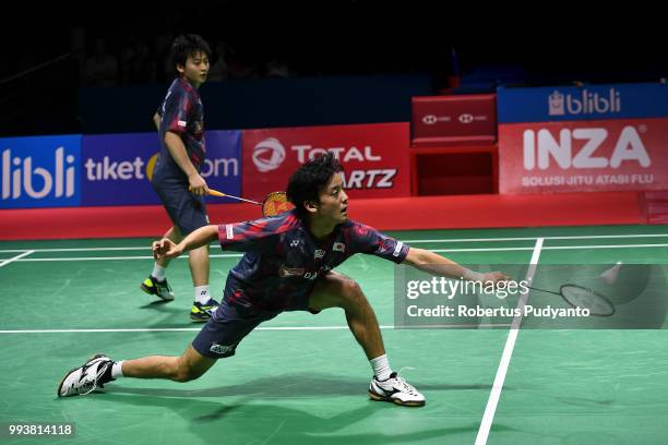 Takuto Inoue and Yuki Kaneko of Japan compete against Marcus Fernaldi Gideon and Kevin Sanjaya Sukamuljo of Indonesia during the Men's Doubles Final...