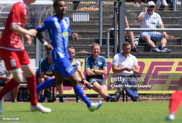 Assistant coach Admir Hamzagic, assistant coach Rainer Widmayer and coach Pal Dardai of Hertha BSC during the game between Hertha BSC and Westfalia...