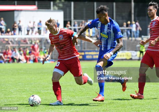 Philipp Roessler of Westfalia Herne and Davie Selke of Hertha BSC during the game between Hertha BSC and Westfalia Herne at the Mondpalast-Arena on...