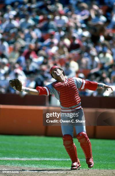 Bo Diaz of the Cincinnati Reds attempts to catch a foul ball against the San Francisco Giants at Candlestick Park circa 1988 in San...