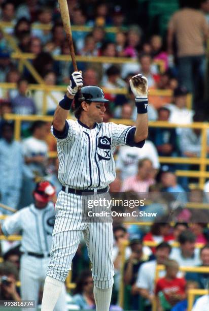 Carlton Fisk of the Chicago White Sox bats against the Milwaukee Brewers in a Turn back the clock game at Comiskey Park circa Stadium circa 1990 in...