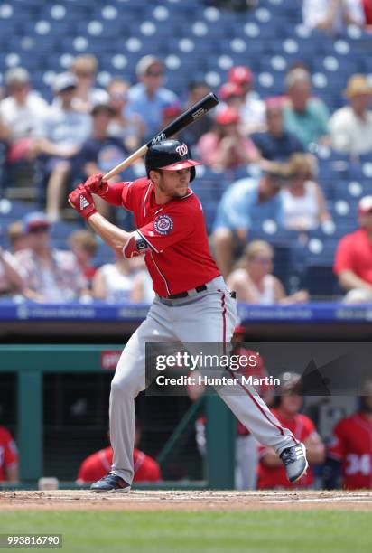 Trea Turner of the Washington Nationals bats during a game against the Philadelphia Phillies at Citizens Bank Park on July 1, 2018 in Philadelphia,...