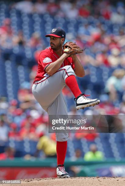 Starting pitcher Gio Gonzalez of the Washington Nationals throws a pitch during a game against the Philadelphia Phillies at Citizens Bank Park on...