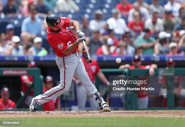 Anthony Rendon of the Washington Nationals bats during a game against the Philadelphia Phillies at Citizens Bank Park on July 1, 2018 in...