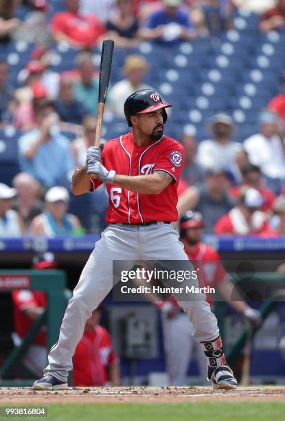 Anthony Rendon of the Washington Nationals bats during a game against the Philadelphia Phillies at Citizens Bank Park on July 1, 2018 in...