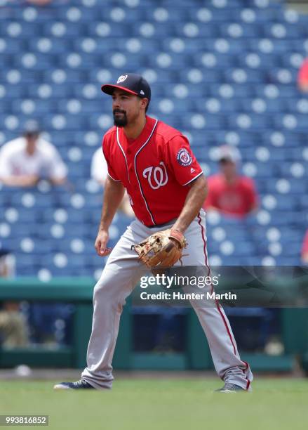 Anthony Rendon of the Washington Nationals plays third base during a game against the Philadelphia Phillies at Citizens Bank Park on July 1, 2018 in...
