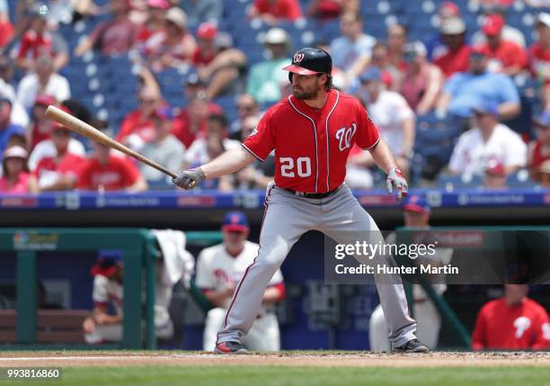 Daniel Murphy of the Washington Nationals bats during a game against the Philadelphia Phillies at Citizens Bank Park on July 1, 2018 in Philadelphia,...