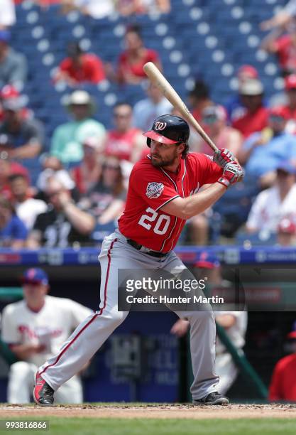 Daniel Murphy of the Washington Nationals bats during a game against the Philadelphia Phillies at Citizens Bank Park on July 1, 2018 in Philadelphia,...
