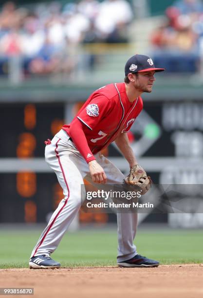 Trea Turner of the Washington Nationals plays shortstop during a game against the Philadelphia Phillies at Citizens Bank Park on July 1, 2018 in...