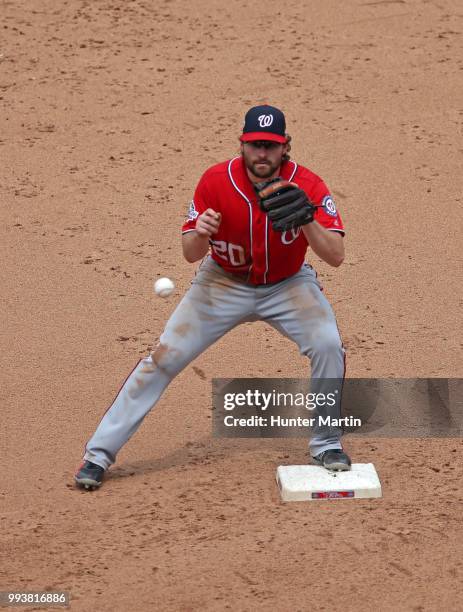 Daniel Murphy of the Washington Nationals plays second base during a game against the Philadelphia Phillies at Citizens Bank Park on July 1, 2018 in...