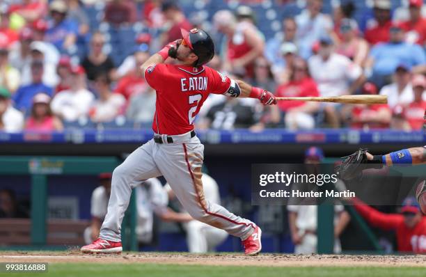 Adam Eaton of the Washington Nationals bats during a game against the Philadelphia Phillies at Citizens Bank Park on July 1, 2018 in Philadelphia,...