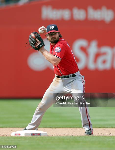 Daniel Murphy of the Washington Nationals plays second base during a game against the Philadelphia Phillies at Citizens Bank Park on July 1, 2018 in...