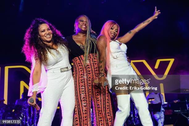 Cheryl James and Sandra Denton of Salt-N-Pepa perform with Yo-Yo at the 2018 Essence Music Festival at the Mercedes-Benz Superdome on July 7, 2018 in...