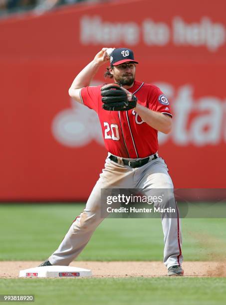 Daniel Murphy of the Washington Nationals plays second base during a game against the Philadelphia Phillies at Citizens Bank Park on July 1, 2018 in...