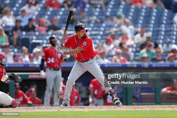 Anthony Rendon of the Washington Nationals bats during a game against the Philadelphia Phillies at Citizens Bank Park on July 1, 2018 in...