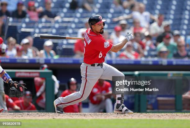 Anthony Rendon of the Washington Nationals bats during a game against the Philadelphia Phillies at Citizens Bank Park on July 1, 2018 in...