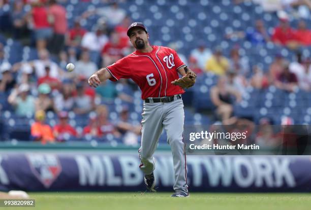 Anthony Rendon of the Washington Nationals plays third base during a game against the Philadelphia Phillies at Citizens Bank Park on July 1, 2018 in...