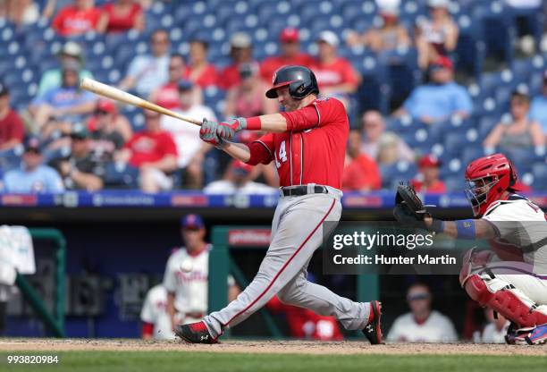 Mark Reynolds of the Washington Nationals bats during a game against the Philadelphia Phillies at Citizens Bank Park on July 1, 2018 in Philadelphia,...