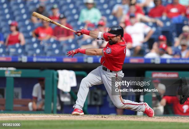 Adam Eaton of the Washington Nationals bats during a game against the Philadelphia Phillies at Citizens Bank Park on July 1, 2018 in Philadelphia,...