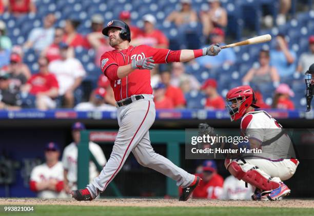 Mark Reynolds of the Washington Nationals bats during a game against the Philadelphia Phillies at Citizens Bank Park on July 1, 2018 in Philadelphia,...