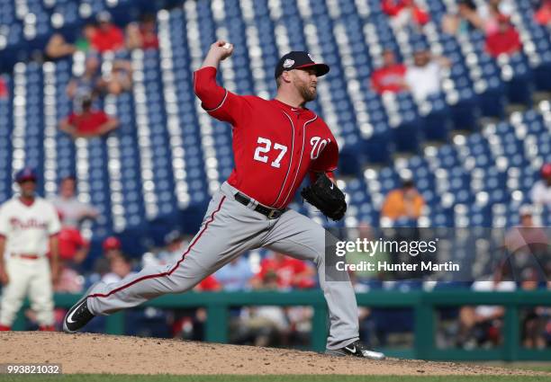 Shawn Kelley of the Washington Nationals throws a pitch during a game against the Philadelphia Phillies at Citizens Bank Park on July 1, 2018 in...