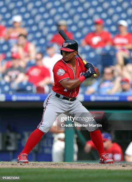 Wilmer Difo of the Washington Nationals bats during a game against the Philadelphia Phillies at Citizens Bank Park on July 1, 2018 in Philadelphia,...