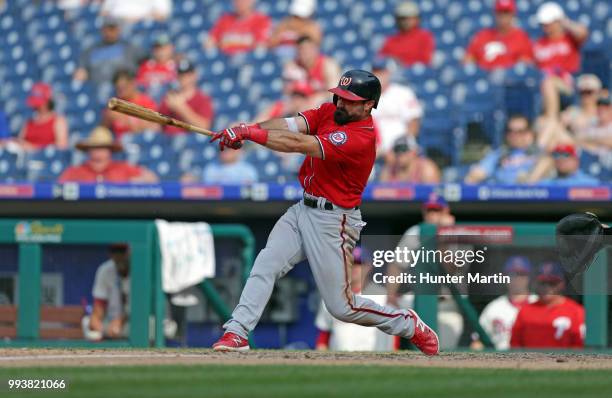 Adam Eaton of the Washington Nationals bats during a game against the Philadelphia Phillies at Citizens Bank Park on July 1, 2018 in Philadelphia,...