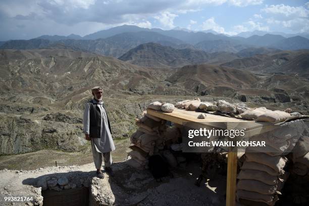 In this photo taken on July 7 an Afghan Local Police looks on in a checkpoint during a patrol against Islamic State militants at the Deh Bala...