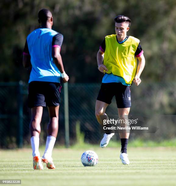 Jack Grealish of Aston Villa in action during an Aston Villa training session at the club's training camp on July 08, 2018 in Faro, Portugal.