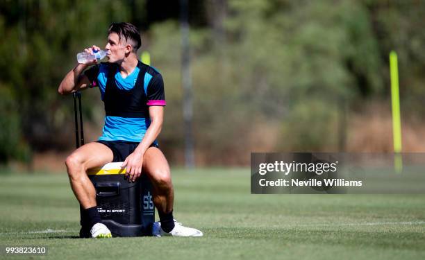 Jack Grealish of Aston Villa in action during an Aston Villa training session at the club's training camp on July 08, 2018 in Faro, Portugal.