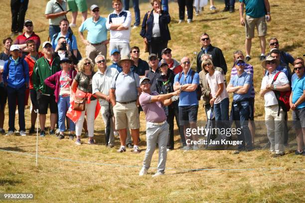 Ryan Fox of New Zealand hits his second shot on the 2nd hole during the final round of the Dubai Duty Free Irish Open at Ballyliffin Golf Club on...