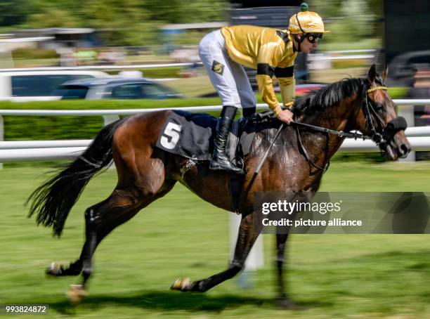 July 2018, Hamburg, Germany: Equestria sports, derby: "Alinaro" with jockey Lukas Delozier from France wins the Rudolf August Oetker memorial race....