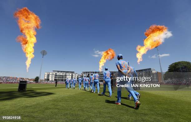 The Indian players walk out to field ahead of the third international Twenty20 cricket match between England and India at The Brightside Ground,...