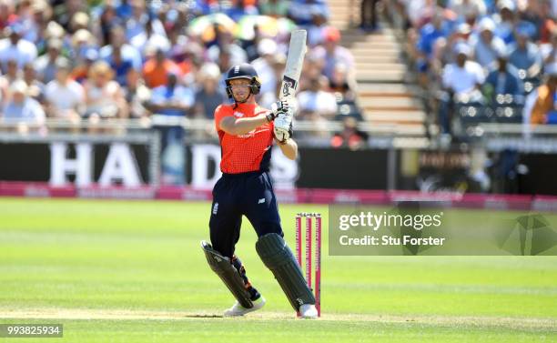 England batsman Jos Buttler hits a ball to the boundary during the 3rd Vitality International T20 match between England and India at The Brightside...