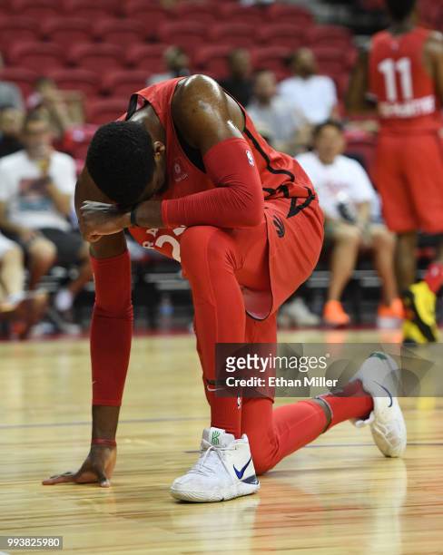 Shevon Thompson of the Toronto Raptors reacts after losing the ball during a 2018 NBA Summer League game against the New Orleans Pelicans at the...