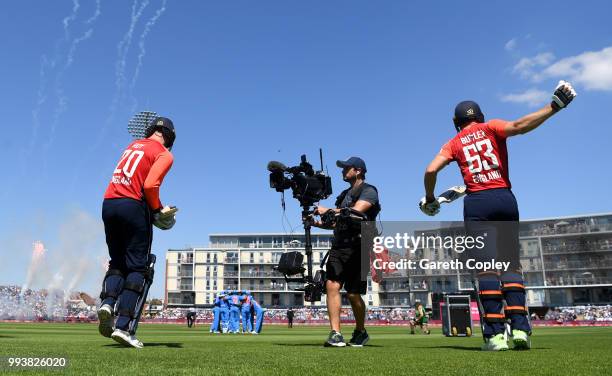 Jason Roy and Jos Buttler walk out ahead of the 3rd Vitality International T20 match between England and India at The Brightside Ground on July 8,...