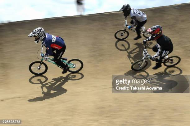 Kaito Nakao competes in the Men's Junior qualification round during the Japan National BMX Championships at Hitachinaka Kaihin Park on July 8, 2018...