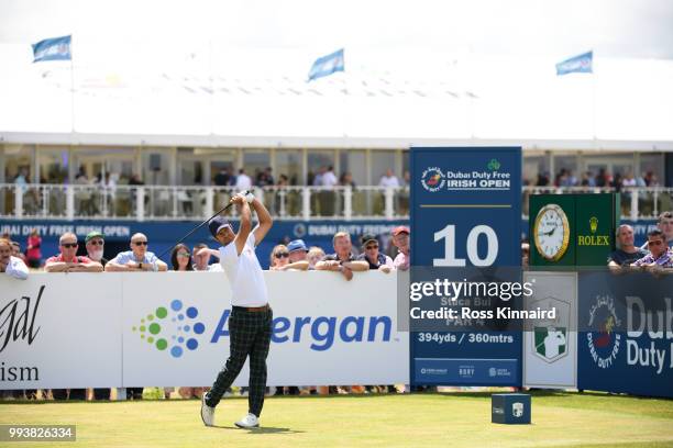 Jorge Campillo of Spain tees off on the 10th hole during the final round of the Dubai Duty Free Irish Open at Ballyliffin Golf Club on July 8, 2018...