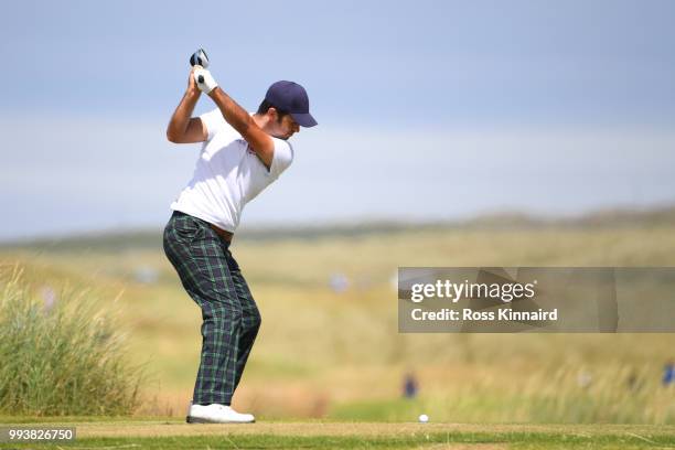 Jorge Campillo of Spain tees off on the 11th hole during the final round of the Dubai Duty Free Irish Open at Ballyliffin Golf Club on July 8, 2018...